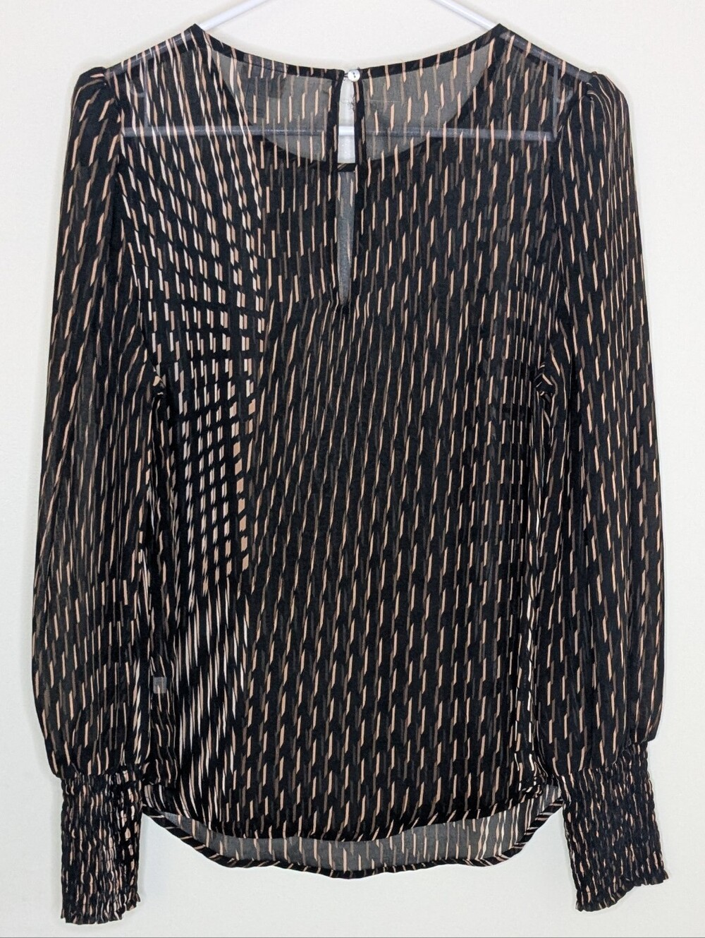 A New Day Black Tan Abstract Geometric Sheer Blouse Smocked Cuff Women's Size Me